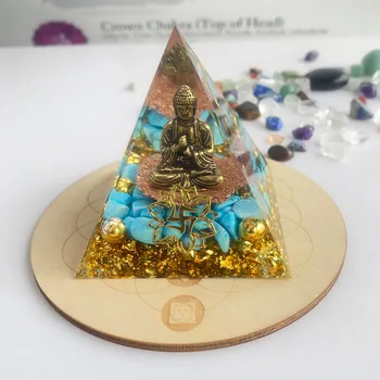 Yeni Buda Orgonit piramidi Yeşil Turkuaz + Ahşap Enerji Tabanı Orgon piramidi 6CM 4