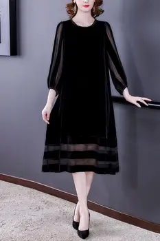 Kadın Siyah Kadife Gevşek Maxi Elbise Sonbahar Kış Kore Vintage Örgü Patchwork Seksi Elbise 2021 Zarif Casual Akşam Vestidos