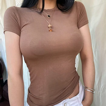 Shintimes İnce Seksi Yüksek Elastikiyet T Shirt Kadın kısa kollu t-shirt Gömlek 2021 Yaz Üstleri Kore moda Giyim Üst Femme