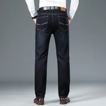 Kış Yeni erkek Ince Düz Kot Moda Iş Rahat Artı Kadife Kalın Pantolon Streç Marka Mavi Siyah 42