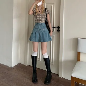 Rahat Kot Mini Etek Kadın Yaz 2022 Yüksek Bel Harajuku Y2k Pilili Etek Mavi Japon Kore Tarzı Giyim Yeni Howdfeo