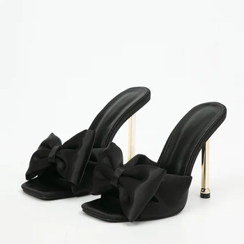 Moda Parti Metal Yüksek Topuklu Terlik Kadın İpek Kelebek-Düğüm Tasarımcı Gladyatör Sandalet Burnu açık Yaz Kadın Ayakkabı Pompaları 2