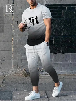 Yeni erkek Eşofman Harfler 3D baskılı tişört + Pantolon 2 adet Set Moda Erkek Takım Elbise Streetwear Erkek Giyim Koşu Kıyafetleri 4XL 0
