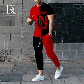 Yeni erkek Eşofman Harfler 3D baskılı tişört + Pantolon 2 adet Set Moda Erkek Takım Elbise Streetwear Erkek Giyim Koşu Kıyafetleri 4XL 2