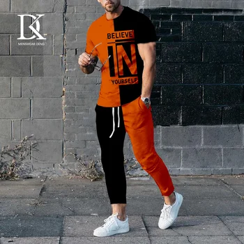 Yeni erkek Eşofman Harfler 3D baskılı tişört + Pantolon 2 adet Set Moda Erkek Takım Elbise Streetwear Erkek Giyim Koşu Kıyafetleri 4XL 3