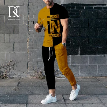 Yeni erkek Eşofman Harfler 3D baskılı tişört + Pantolon 2 adet Set Moda Erkek Takım Elbise Streetwear Erkek Giyim Koşu Kıyafetleri 4XL 4
