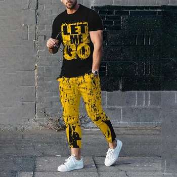Yeni erkek Eşofman Harfler 3D baskılı tişört + Pantolon 2 adet Set Moda Erkek Takım Elbise Streetwear Erkek Giyim Koşu Kıyafetleri 4XL 5
