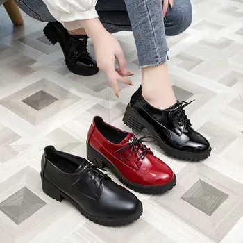 Yeni Bahar Brogues Oxford Ayakkabı Kadınlar için Katı Deri rahat ayakkabılar Kadın Flats Lace Up Kalın Alt Artı Boyutu platform ayakkabılar 5
