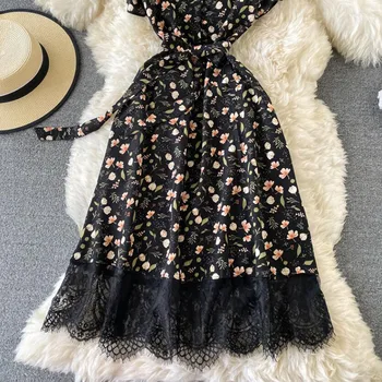 2021 Zarif V Boyun Çiçek baskılı şifon elbise Yaz Kısa kollu Bandaj İnce Dantel Dikiş Kadın Orta buzağı Elbise