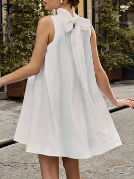 Celmia 2022 Yaz Düz Renk Mini Elbise Kolsuz Moda Kadın A-line Elbise Streetwear Bandaj Yüksek Yaka Pilili Tankı Elbise
