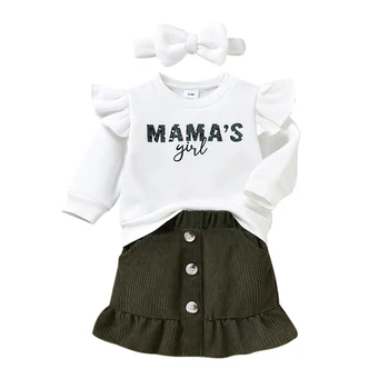 2021-12-02 Lioraitiin 0-3Years Toddler Bebek Kız Sonbahar Bahar Giyim Seti Uzun Kollu Mektup Baskılı Üst Katı Yeşil Etek