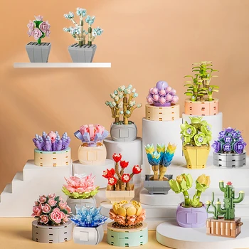 Mini Çiçek Yapı Taşları Ev Dekorasyon Masaüstü Etli Saksı Süsler DIY Küçük Parçacıklar Bulmaca Çocuk Çocuk Oyuncak Hediye