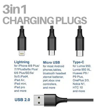 3 in 1 Hızlı USB şarj Uzatma Kablosu Çok Fonksiyonlu cep telefonu Şarj Kablosu USB Tip-C Cep Telefonu Kablosu USB şarj aleti kablosu