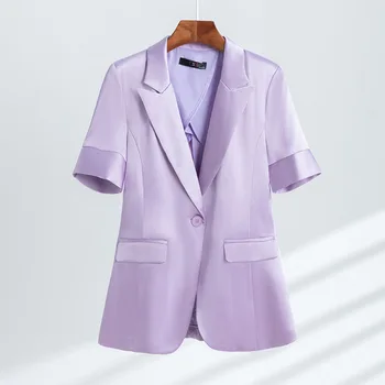 2022 Asetat Saten Yaz Kısa Kollu Takım Elbise Ceket Kadın Profesyonel Pantolon Kore Ofis Bayan İş Kayısı moda elbise