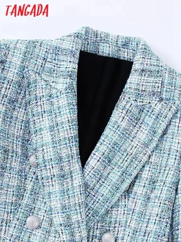 Tangada Kadın Moda Tüvit Kruvaze Blazer Ceket Vintage Uzun Kollu Flap Cepler Kadın Takım Elbise 3H115 2