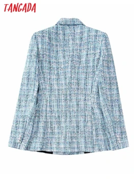 Tangada Kadın Moda Tüvit Kruvaze Blazer Ceket Vintage Uzun Kollu Flap Cepler Kadın Takım Elbise 3H115 4
