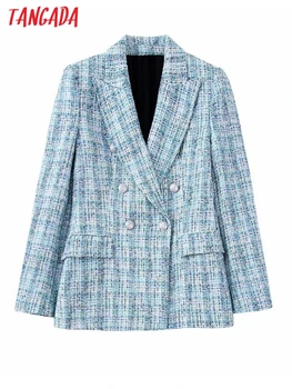 Tangada Kadın Moda Tüvit Kruvaze Blazer Ceket Vintage Uzun Kollu Flap Cepler Kadın Takım Elbise 3H115 5