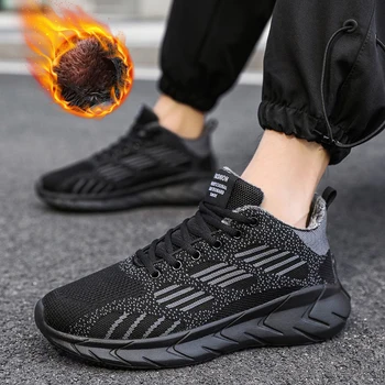 Damyuan Yeni Moda erkek koşu ayakkabıları 47 Büyük Boy Örgü Sıcak Kürk Kar Kış Ayakkabı Bölünmüş Deri Rahat Ayak Bileği Sıcak çizmeler