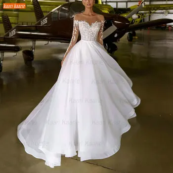 Beyaz O Boyun Gelinlik Uzun Kollu Dantel Aplike Korse Vestido De Noiva 2021 Boho gelin kıyafeti Custom Made Abito Da Sposa