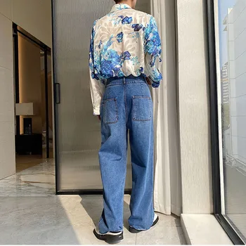 Kot Erkekler Gevşek Rahat Düz Geniş Bacak Kot Pantolon Kemer Bel Erkek Kore Streetwear Moda Vintage Kot Pantolon