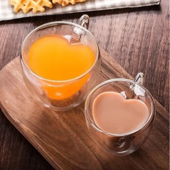 Yaratıcı çift katmanlı uzun borosilikat cam çay bardağı, çift kalp şeklinde kahve fincanı, ev süt çay suyu kulplu fincan 0