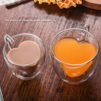 Yaratıcı çift katmanlı uzun borosilikat cam çay bardağı, çift kalp şeklinde kahve fincanı, ev süt çay suyu kulplu fincan 1