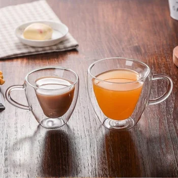 Yaratıcı çift katmanlı uzun borosilikat cam çay bardağı, çift kalp şeklinde kahve fincanı, ev süt çay suyu kulplu fincan 3