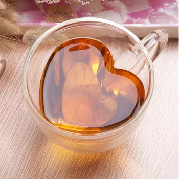 Yaratıcı çift katmanlı uzun borosilikat cam çay bardağı, çift kalp şeklinde kahve fincanı, ev süt çay suyu kulplu fincan 4