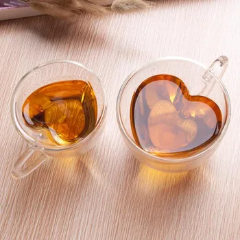 Yaratıcı çift katmanlı uzun borosilikat cam çay bardağı, çift kalp şeklinde kahve fincanı, ev süt çay suyu kulplu fincan 5
