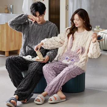 Kış Çift Pijama Mercan Polar Kalınlaşmış Sıcak İki Parçalı Set Uzun Kollu Kazak Üst Pantolon Pijama Kadınlar ve Erkekler için