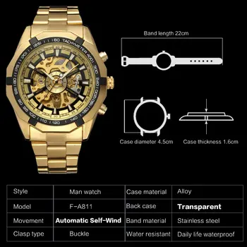 FORSİNİNG Marka Erkekler Otomatik İzle Lüks İskelet mekanik saatler Erkekler Altın Paslanmaz Çelik Saat Relogios Masculino 0