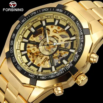 FORSİNİNG Marka Erkekler Otomatik İzle Lüks İskelet mekanik saatler Erkekler Altın Paslanmaz Çelik Saat Relogios Masculino 2