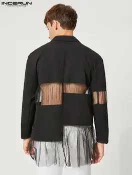INCERUN Erkekler Blazer Örgü Patchwork Şeffaf Yaka Uzun Kollu Düzensiz Ceketler Streetwear 2022 Seksi Parti Moda Erkek Takım Elbise 7