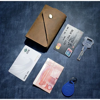 ılk katman çılgın at hakiki deri anahtar çanta kart sahibinin ile katlanmış cüzdan 11x7 cm