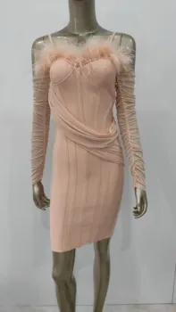 Sıcak Satış 2021 Kış Kadın Seksi Kapalı Omuz Tüy Uzun Kollu Bodycon Bandaj Elbise Zarif Ünlü Akşam Parti Elbise