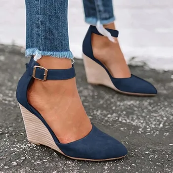 2021 Takozlar Kadın Sandalet Yaz Moda Toka Katı Sivri Tatlı Rahat Ofis Parti Düğün Ayakkabı Artı Boyutu Bayan Sandalet