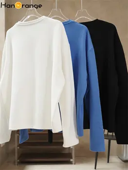 HanOrange 2022 Sonbahar Kış Rahat Temel O-Boyun Kazak T-shirt Kadın Gevşek Yumuşak Cilt Samimi Üst Kadın Beyaz / Siyah / mavi