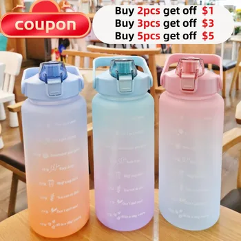 2 L Su Şişesi Kızlar Motivasyon Su Şişesi Saman Fincan Sızdırmaz BPA Buzlu Fincan Zaman Ölçeği Açık Spor Su Şişeleri