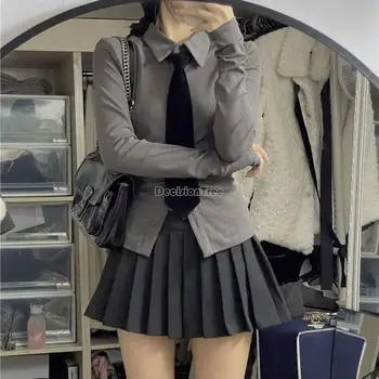 2023 Japonya kore kolej jk üniforma takım elbise kadın sonbahar kış uzun kollu kız seksi ince pilili etek jk okul üniforması a714 0