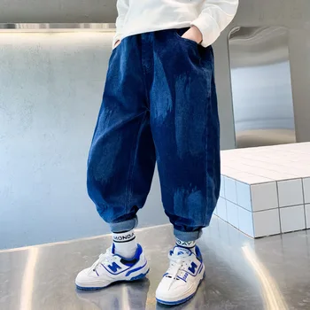2022 Erkek Gevşek Kot Yeni Moda Kore Tarzı Rahat Düz Renk Kot Bahar Sonbahar çocuk Kot Pantolon 1-12 Yaşında