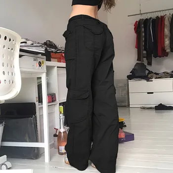 Vintage Hippi Amerikan Sokak Stili Gri Kargo Pantolon Kadın Moda Kot Siyah günlük pantolon Seksi Düşük Bel dökümlü pantolon