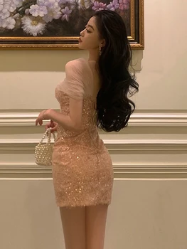 Zarif Kadın Akşam Elbise parlak pullar Retro See Through Seksi Backless İnce Mini Parti Kulübü Elbise Bayanlar Femme Mujer Vestidos 0