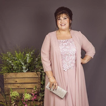 Artı Boyutu Anne Gelin Elbise Takım Elbise İki Adet Uzun Ceket Dantel Şifon Çay Boyu Düğün Konuk Törenlerinde Kadınlar İçin parti