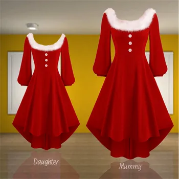 Noel Kırmızı Elbiseler Anne ve Kızı Zarif Puf Kollu Faux Kürk Yaka Midi Parti Elbise Gençler Cosplay Kostüm Kıyafetler