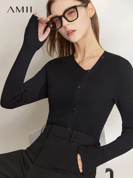 Amii Minimalizm Sonbahar Yeni Örme tişört Kadınlar için 2022 V Boyun Asimetrik Tek Göğüslü Uzun Kollu Kadın Giysileri 12240146