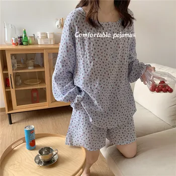 Yaz pijama kadın pijama seti çiçek baskı uzun kollu ev giysileri şort pijama 2 parça set pamuk ev takım elbise Y396 0