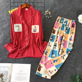 2019 Yeni Baskı Pijama Seti Kadın Kore Tatlı Güzel Rayon Uzun Kollu Pantolon Twinset Pijama