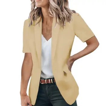 Resmi Kadın Blazer Düz Renk kırışıklık Karşıtı Gevşek Mizaç Hırka Kısa Kollu Tek Düğme Kadın Takım Elbise Ceket Giyim 3
