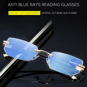 Yeni okuma gözlüğü erkekler High-end elmas kırpma gözlük Anti mavi ışık alaşım çerçevesiz presbiyopik gözlük kadınlar yüksek kalite