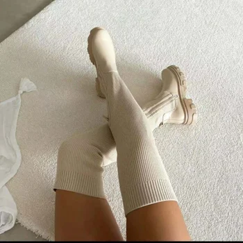 Kış Örgü Diz Çizmeler Üzerinde Seksi Fermuar Sıcak Yuvarlak Ayak Chelsea Çizmeler Rahat Streç Çorap Kadife Yüksek Topuk Biker Botları 2023 Yeni